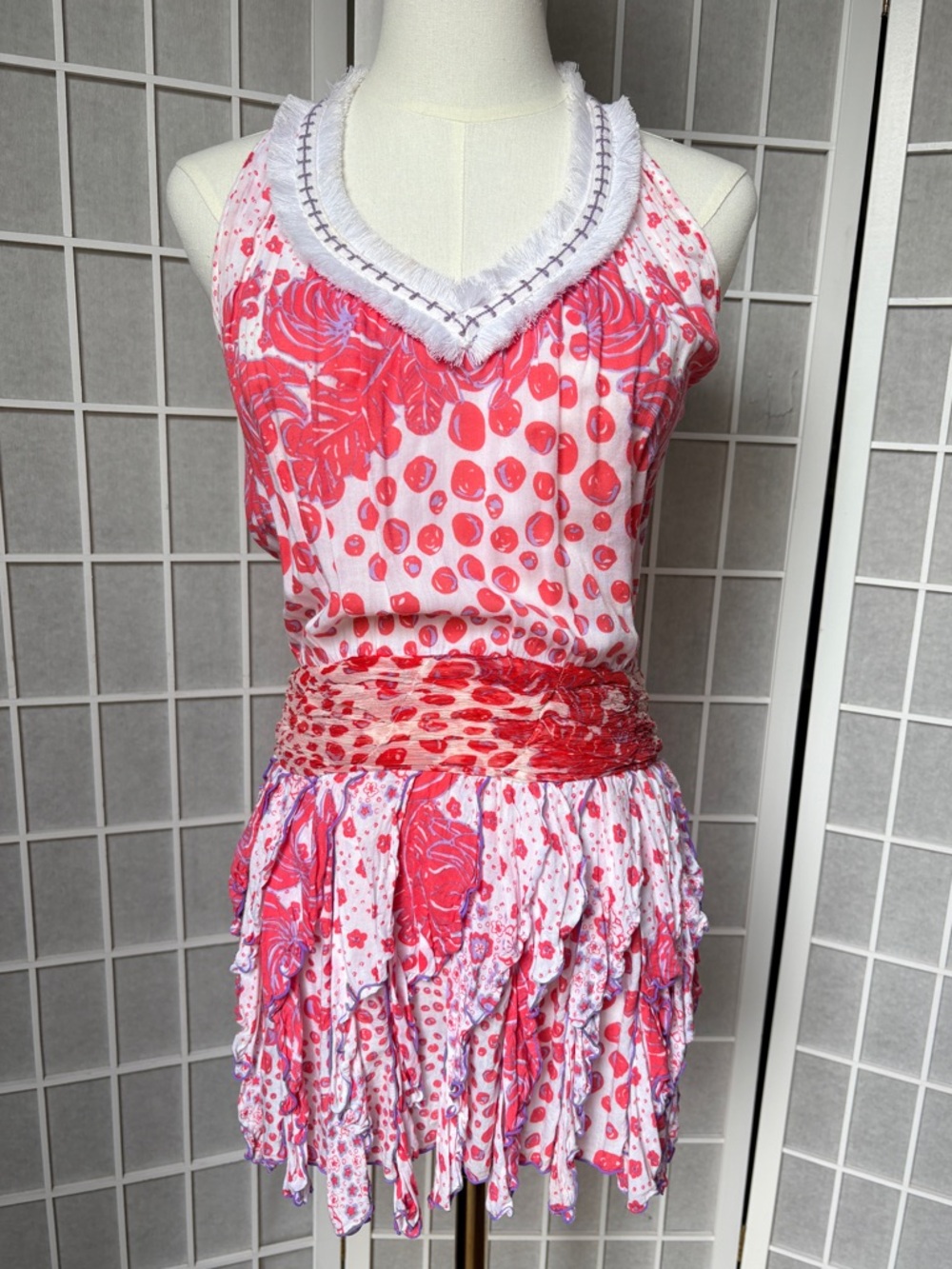 Poupette St Barth Pink Purple Ivory Printed Halter Dress with Ruffled Skirt XS